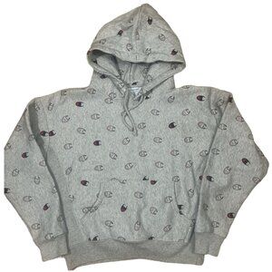 CHAMPION REVERSE WEAVE hoodie womens LARGE all over print Gray
